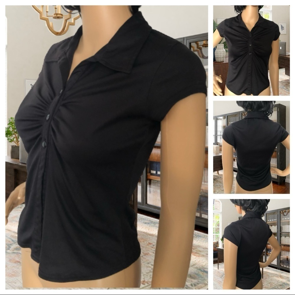 Vintage Cropped Black Button Down Y2K Collared Blouse Top by Younique